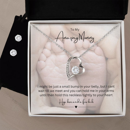 To My Amazing Mommy Forever Love Necklace, Gift For Mother/New Moms White Gold Finish With Earrings, Gift From Baby/Dad