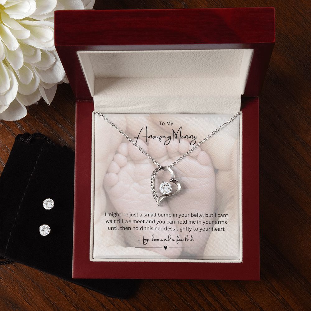 To My Amazing Mommy Forever Love Necklace, Gift For Mother/New Moms White Gold Finish With Earrings, Gift From Baby/Dad