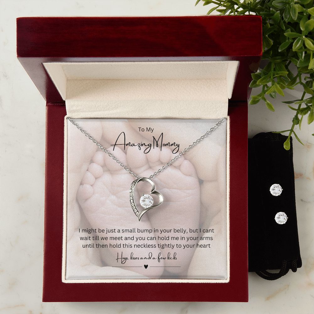 To My Amazing Mommy Forever Love Necklace, Gift For Mother/New Moms White Gold Finish With Earrings, Gift From Baby/Dad